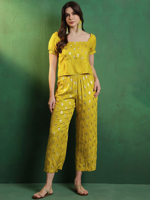 Sangria Mustard Yellow Printed Top With Palazzo