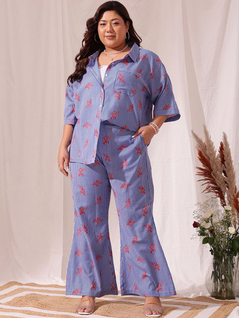 CURVY STREET Plus Size Striped Printed Pure Cotton Shirt With Trousers