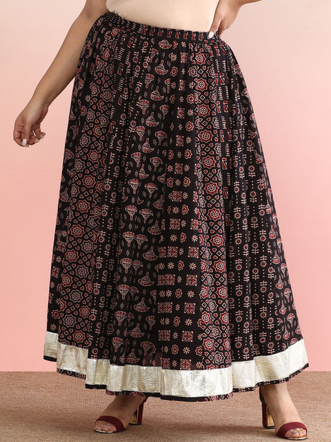 anayna Printed Pure Cotton Flared Plus Size Maxi Skirt