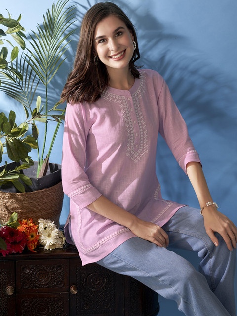 Anouk Floral Embroidered Round Neck Pure Cotton Straight Kurti - Image 7