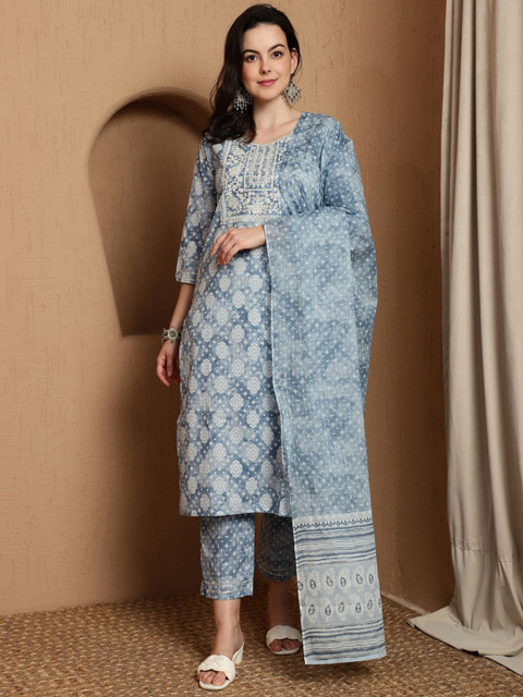 Sangria Ethnic Motifs Printed Pure Cotton Straight Kurta & Trousers With Dupatta