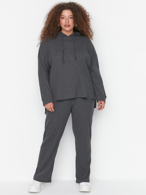 Trendyol Plus Size Ribbed Hooded Sweater & Trousers Co-Ord Set