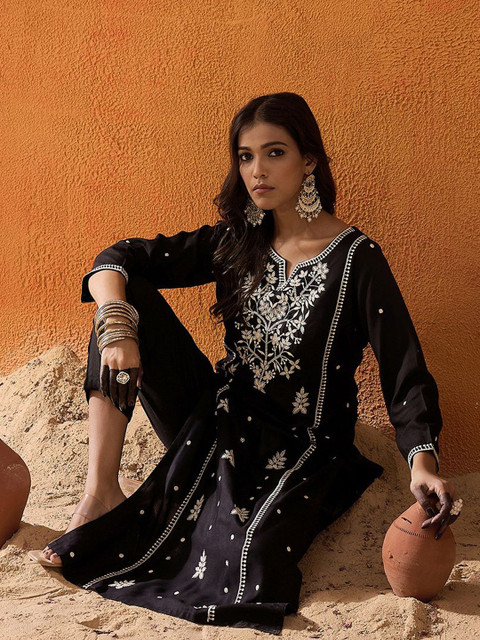 Indo Era Black Floral Embroidered Notch Neck Straight Kurta