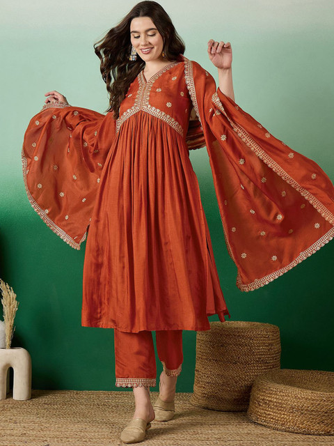 Sangria Orange Floral Embroidered V-Neck Sequence Straight Kurta With Trousers & Dupatta