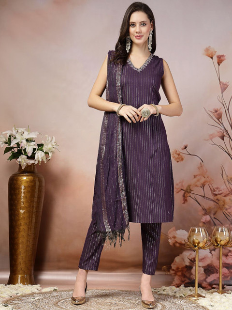Stylum Violet Striped V-Neck Regular Mirror Work Kurta With Trousers & Dupatta