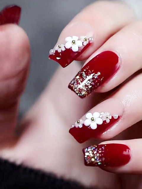 The Pink Truck Set Of 24 Reusable Artificial Nails - Maroon With Glitter & Flowers