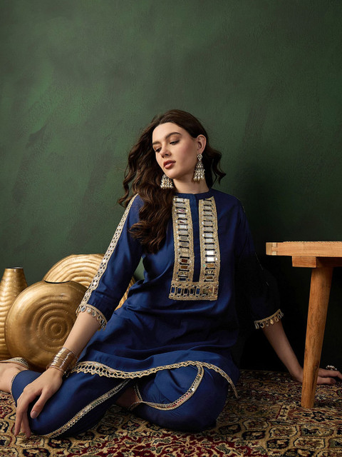 Sangria Embellished Mirror Work Roman Silk Tunic With Dhoti Pant