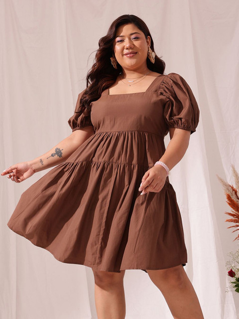 CURVY STREET Plus Size Puff Sleeve Cotton Fit & Flare Dress