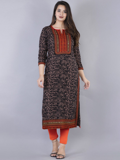 NYPA Abstract Printed Round Neck Mirror Work Crepe Straight Kurta