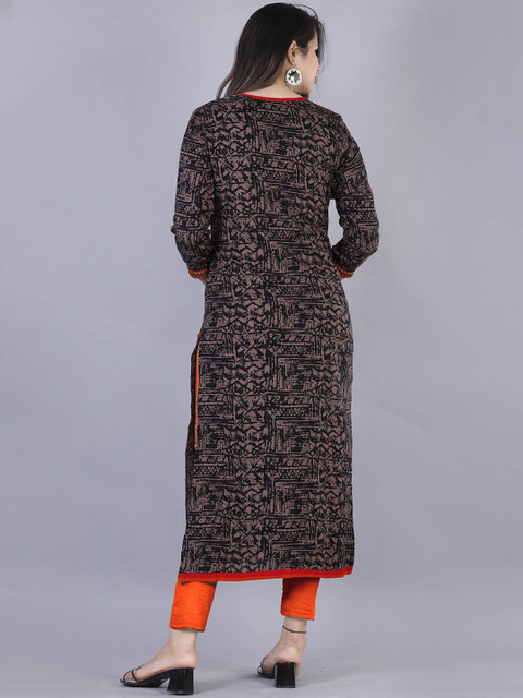NYPA Abstract Printed Round Neck Mirror Work Crepe Straight Kurta - Image 4