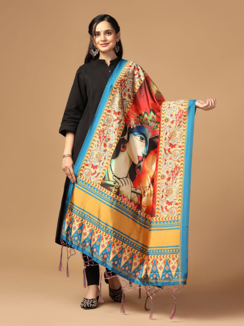 Kaizen TEXO FAB Radha Krishna Ethnic Motifs Printed Silk Dupatta