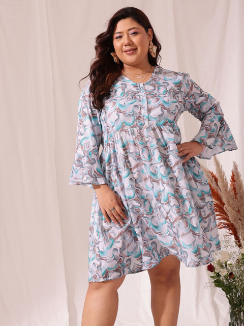 CURVY STREET Plus Size Floral Printed Bell Sleeve Fit & Flare Dress
