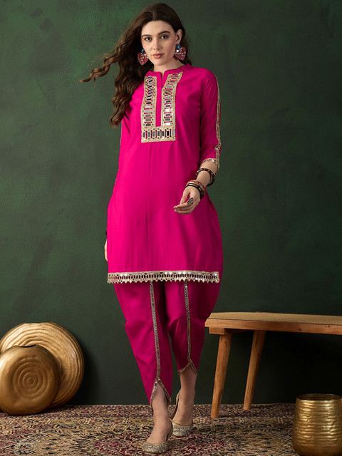 Sangria Embellished Mirror Work Roman Silk Tunic With Dhoti Pant