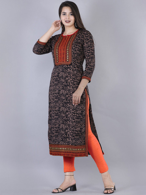 NYPA Abstract Printed Round Neck Mirror Work Crepe Straight Kurta - Image 5
