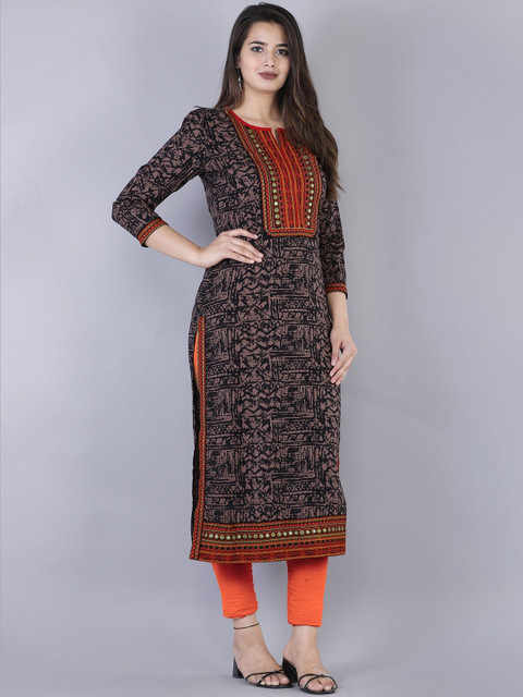 NYPA Abstract Printed Round Neck Mirror Work Crepe Straight Kurta - Image 3