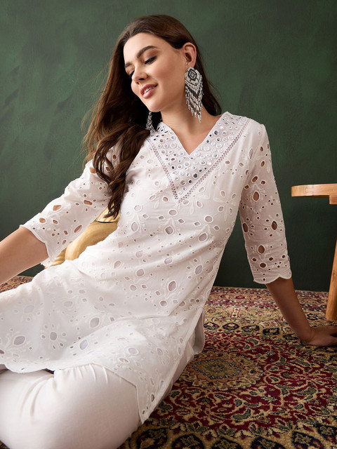 Sangria White Floral Embroidered V-Neck Mirror Work Pure Cotton Kurta with Trousers
