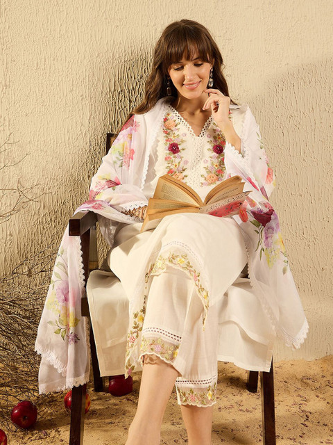 Indo Era Women Floral Embroidered Regular Thread Work Kurta with Trousers & With Dupatta