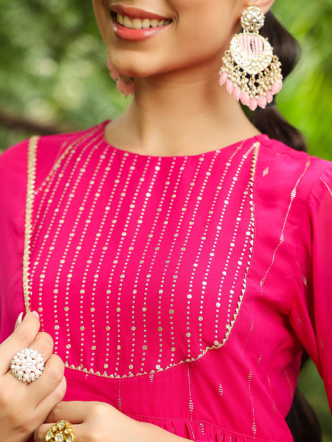Janasya Geometric Printed Georgette Anarkali Kurta with Palazzo & Dupatta - Image 3