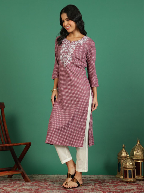 Sangria Brown Geometric Printed Regular Thread Work Pure Cotton Straight Kurta