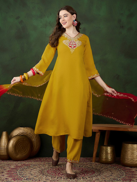 Sangria Yellow Floral Embroidered Regular Sequinned Kurta With Trouser With Dupatta - Image 5
