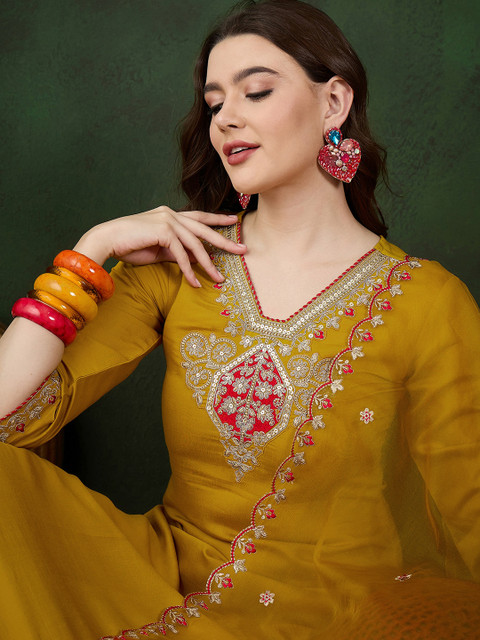 Sangria Yellow Floral Embroidered Regular Sequinned Kurta With Trouser With Dupatta