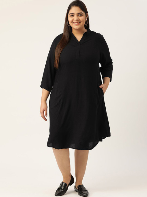 theRebelinme Women Plus Size Mandarin Collar A-Line Midi Dress