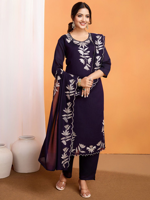 Ekta Textiles Floral Embroidered Straight Kurta with Salwar & Dupatta