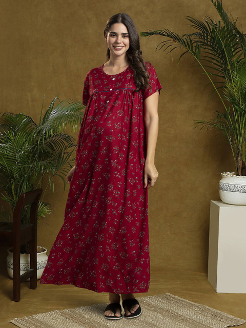 MomToBe Women Floral Printed Maternity Maxi Nightdress