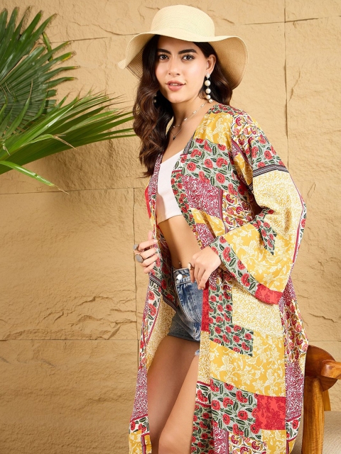 Berrylush Women Floral Print V-Neck Longline Open Front Shrug - Image 6