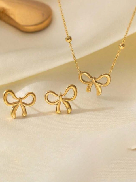 JEWILLEY Gold Plated Bow Knot Anti Tarnish Stainless Steel Chain With Earrings