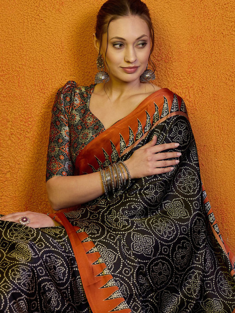 Sangria Block Printed Satin Saree With Blouse