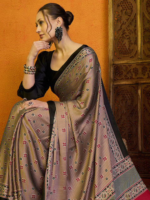 Sangria Striped Printed Satin Block Print Saree