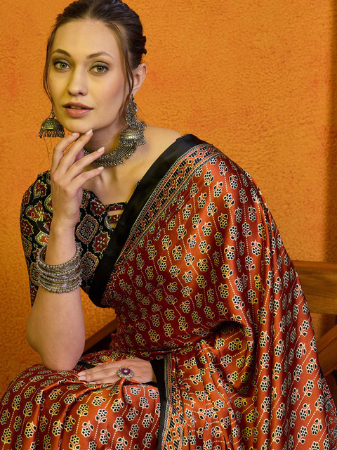 Sangria Women Rust Satin Block Printed Saree With Blouse Piece