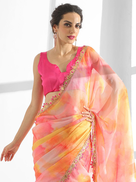 Mitera Tie and Dye Sequinned Organza Saree - Image 5