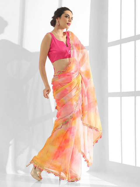 Mitera Tie and Dye Sequinned Organza Saree - Image 2