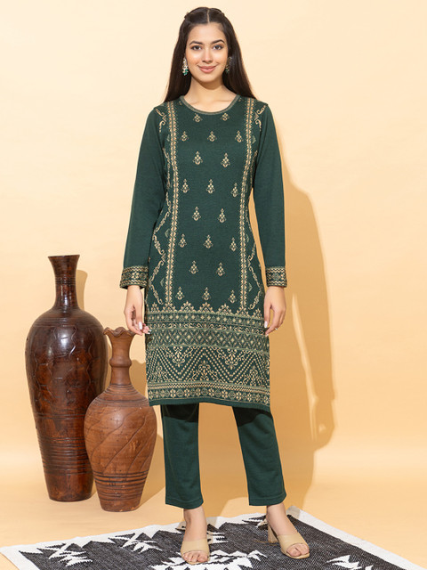 Anouk Mirage Green Ethnic Motifs Woven Design Round Neck Long Sleeves Regular Straight Kurta