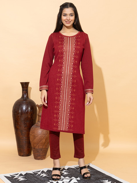 Anouk Mirage Maroon Striped Woven Design Round Neck Long Sleeves Regular Straight Kurta