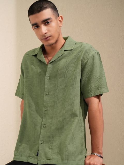 HIGHLANDER Men Waffle Dobby Textured Cuban Collar Relaxed Shirt
