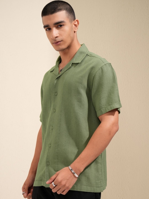 HIGHLANDER Men Waffle Dobby Textured Cuban Collar Relaxed Shirt - Image 4