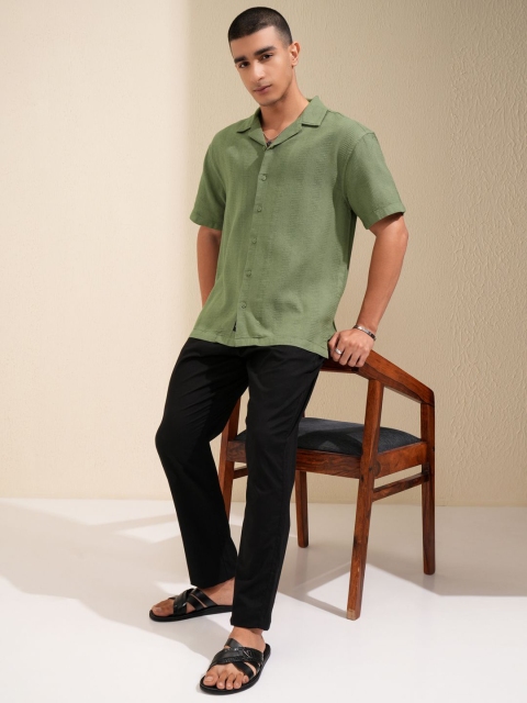 HIGHLANDER Men Waffle Dobby Textured Cuban Collar Relaxed Shirt - Image 6