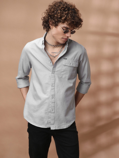 The Indian Garage Co Men Grey Slim Fit Solid Casual Shirt