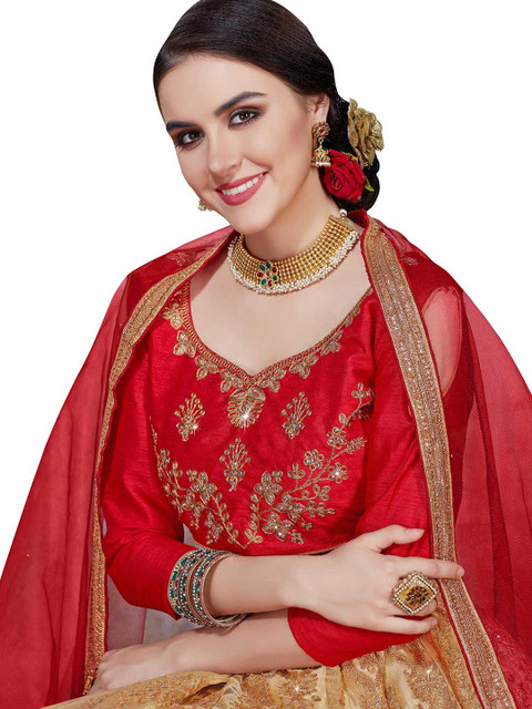 MANVAA Beige & Red Embroidered Beads and Stones Semi-Stitched Lehenga & Unstitched Blouse With Dupatta