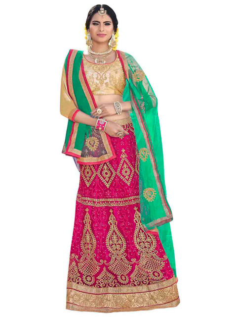 MANVAA Pink & Green Embroidered Beads and Stones Semi-Stitched Lehenga & Unstitched Blouse With Dupatta