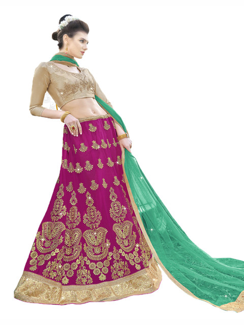 MANVAA Pink & Green Embroidered Beads and Stones Semi-Stitched Lehenga & Unstitched Blouse With Dupatta
