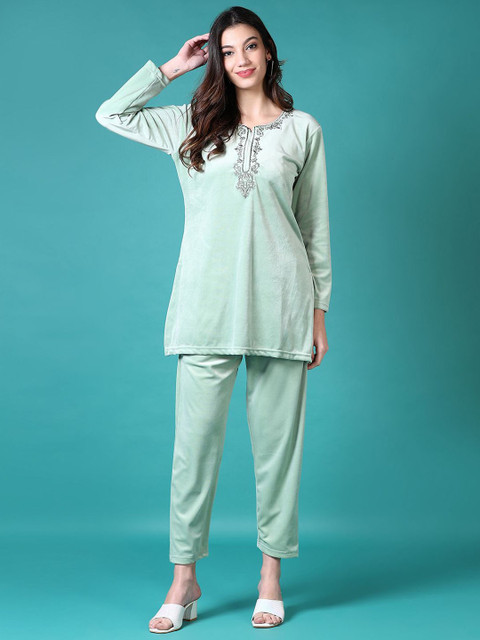 V-Mart Floral Embroidered Round Neck Tunic With Trousers