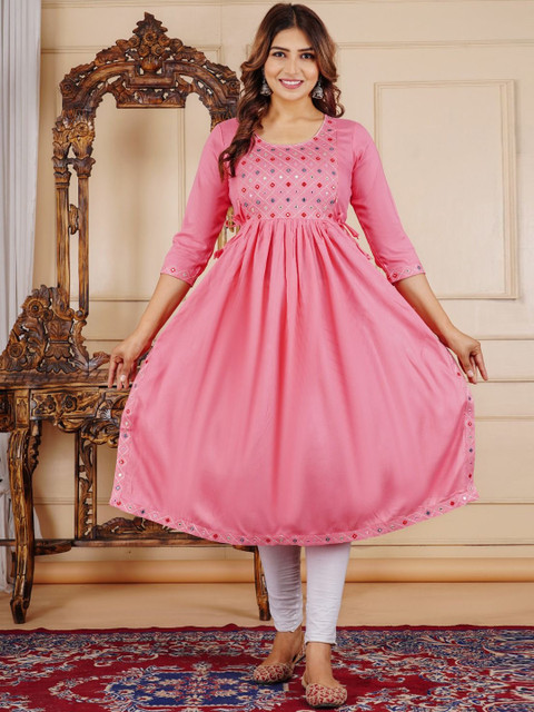 JALTHER Ethnic Motifs Embroidered Mirror Work Maternity A-Line Kurta