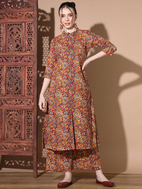 Vbuyz Floral Printed Mandarin Collar Kalamkari Straight Top With Palazzos
