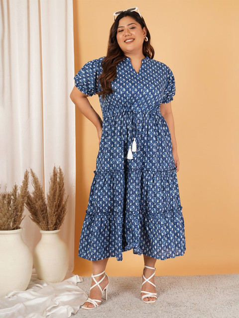 Indietoga Women Plus Size Floral Print Puff Sleeve Fit & Flare Cotton Maxi Dress