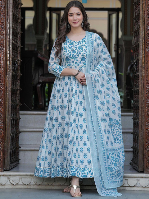 Mizaz Women Floral Printed Layered Mirror Work Pure Cotton Kurta with Trousers & With Dupatta