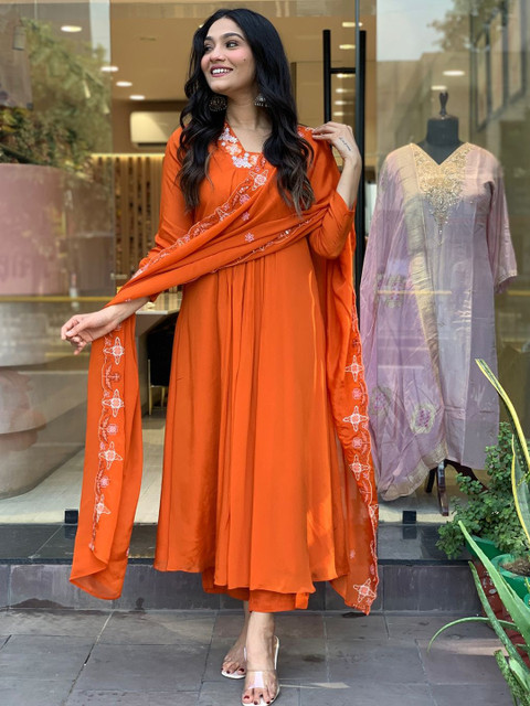 KALINI Floral Embroidered Anarkali Kurta with Trousers & Dupatta